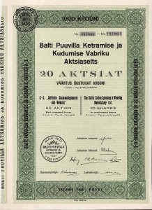 Balti Puuvilla Ketramise ja Kudumise Vabriku Aktsiaselts 20 aktsiat 1928