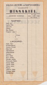 Valga likööri.ja napsivabriku saaduste hinnakiri.. back-side